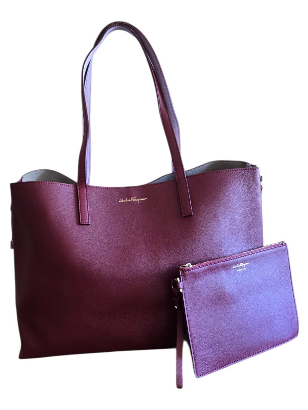 Salvatore Ferragamo Burgundy Leather Tote with Wristlet